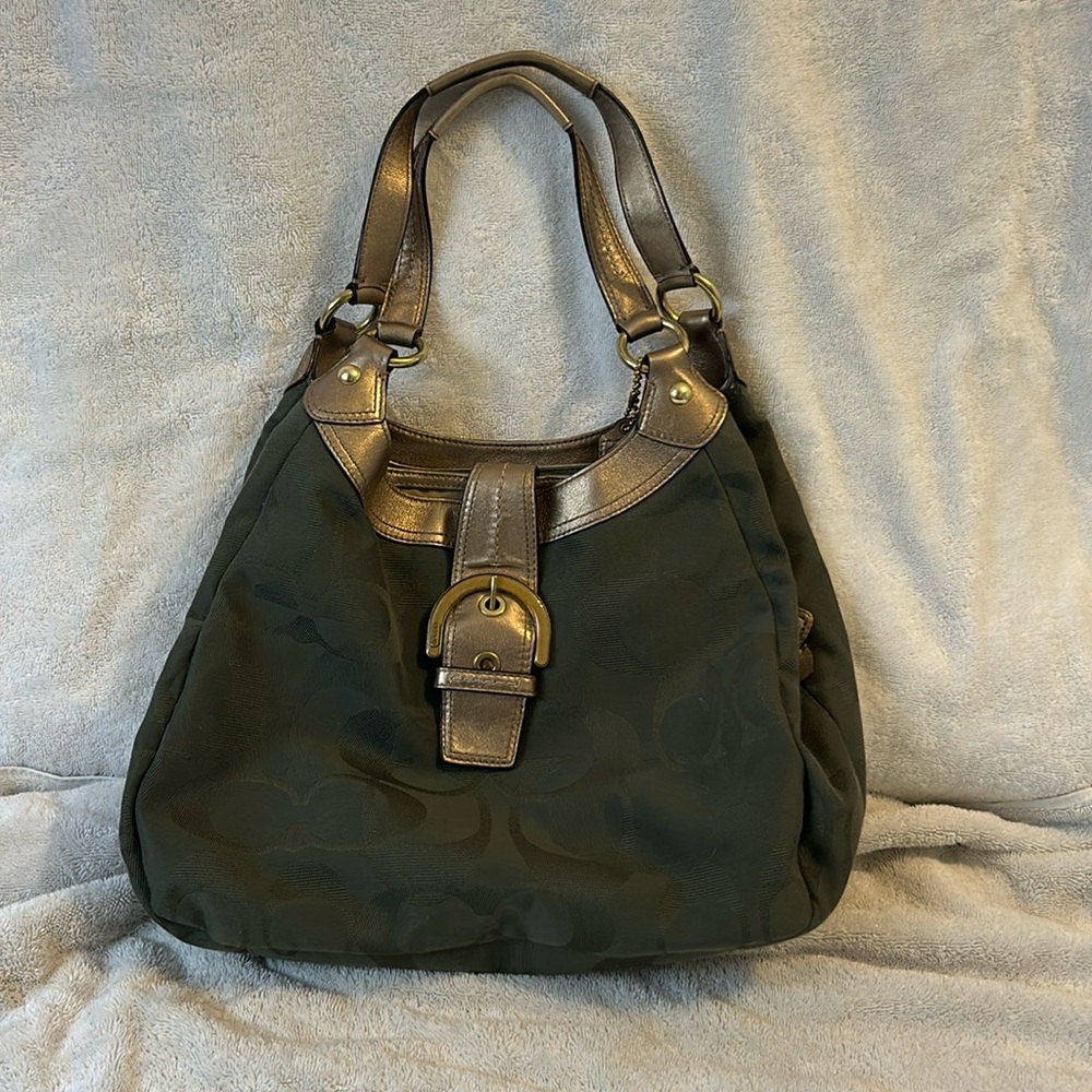 Coach purse olive green cloth (with ‘C’s’) with gold leather trim